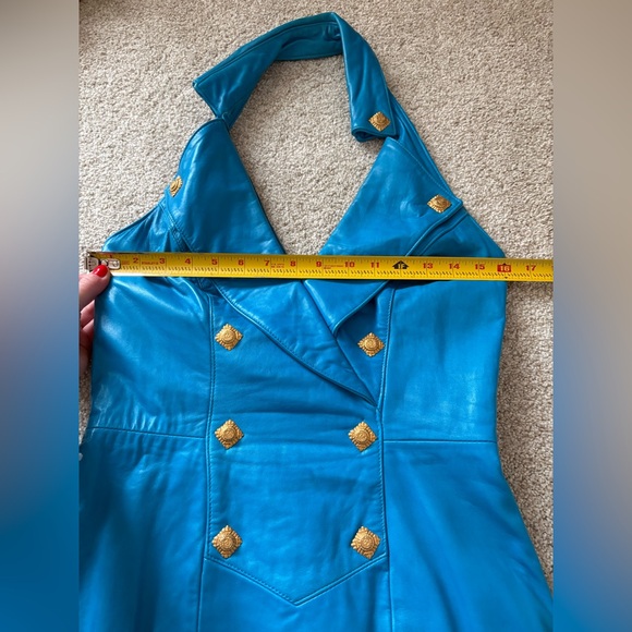 Michael Hoban North Beach Leather Vintage Blue Halter 1980’s Mini Dress Size 6 - Picture 13 of 16